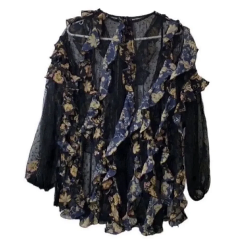 Free People Oversized Ruffle Floral Print Tunic Top (Size Small)